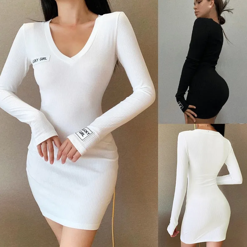 Women's Fashion V-neck Solid Color Sexy Tight Long Sleeve Dress