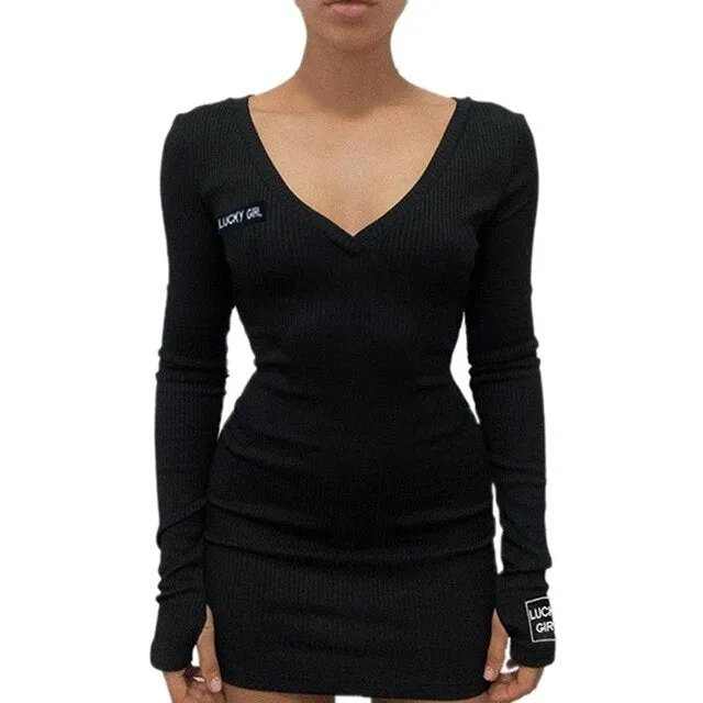 Women's Fashion V-neck Solid Color Sexy Tight Long Sleeve Dress