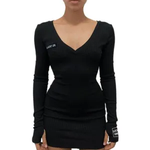 Women's Fashion V-neck Solid Color Sexy Tight Long Sleeve Dress