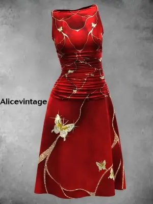 Women's Vintage Butterfly Art Print Crew Neck Midi Dress