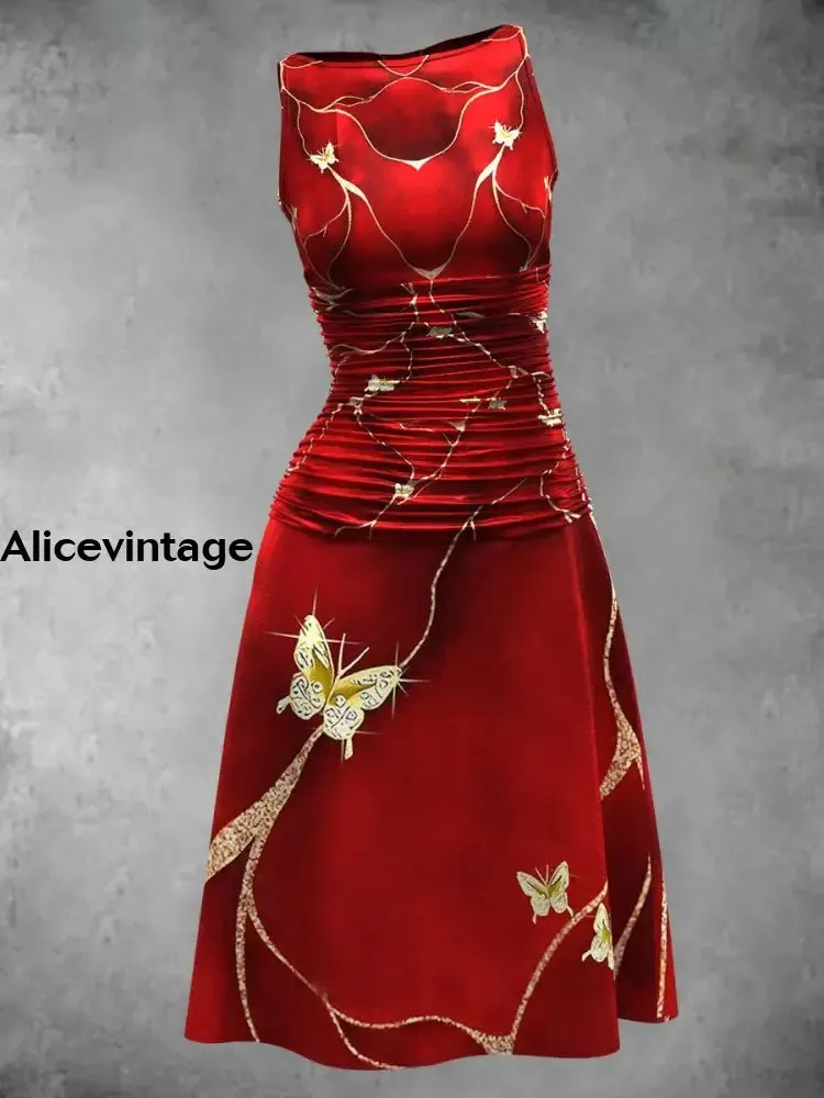 Women's Vintage Butterfly Art Print Crew Neck Midi Dress