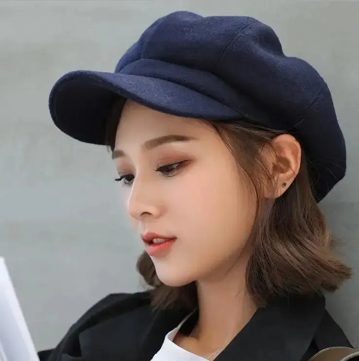 Women‘s Winter Vintage Berets Caps French Artist Warm Felt Hats Beret Female Solid Octagonal Hats Autumn Girl
