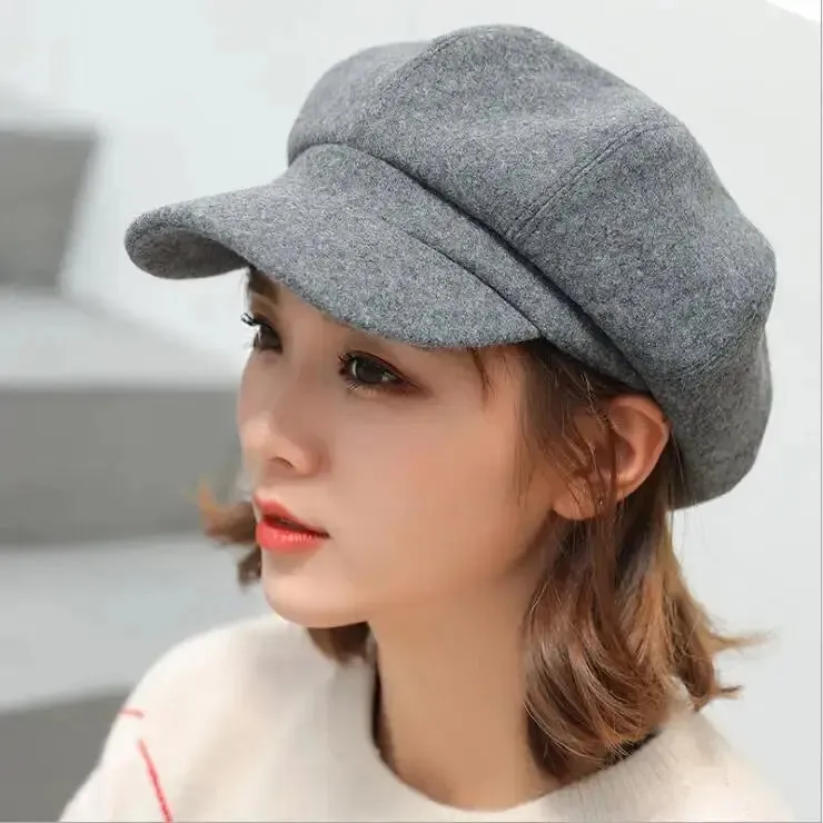 Women‘s Winter Vintage Berets Caps French Artist Warm Felt Hats Beret Female Solid Octagonal Hats Autumn Girl