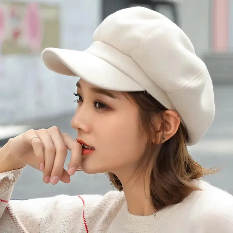 Women‘s Winter Vintage Berets Caps French Artist Warm Felt Hats Beret Female Solid Octagonal Hats Autumn Girl