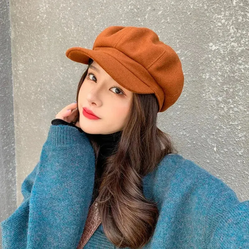 Women‘s Winter Vintage Berets Caps French Artist Warm Felt Hats Beret Female Solid Octagonal Hats Autumn Girl