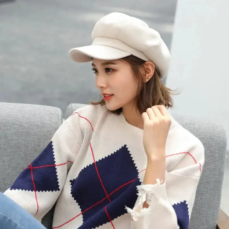 Women‘s Winter Vintage Berets Caps French Artist Warm Felt Hats Beret Female Solid Octagonal Hats Autumn Girl