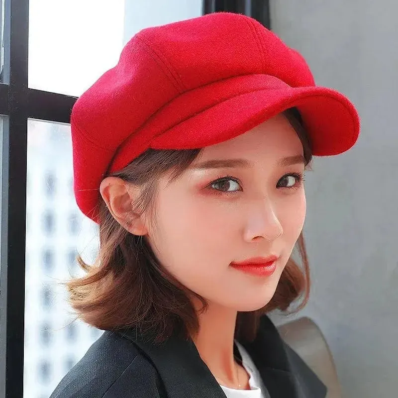 Women‘s Winter Vintage Berets Caps French Artist Warm Felt Hats Beret Female Solid Octagonal Hats Autumn Girl