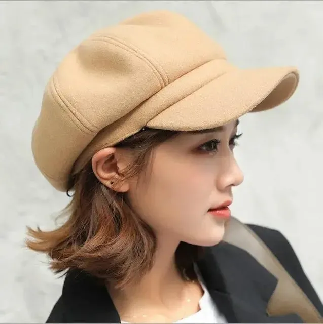Women‘s Winter Vintage Berets Caps French Artist Warm Felt Hats Beret Female Solid Octagonal Hats Autumn Girl
