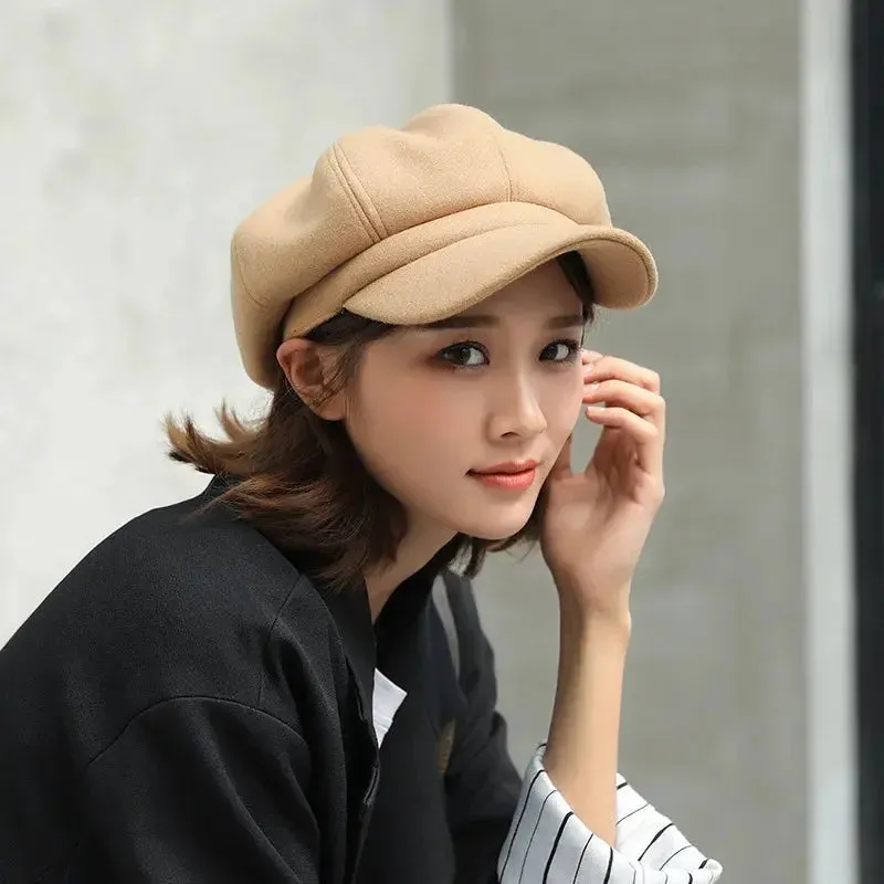 Women‘s Winter Vintage Berets Caps French Artist Warm Felt Hats Beret Female Solid Octagonal Hats Autumn Girl