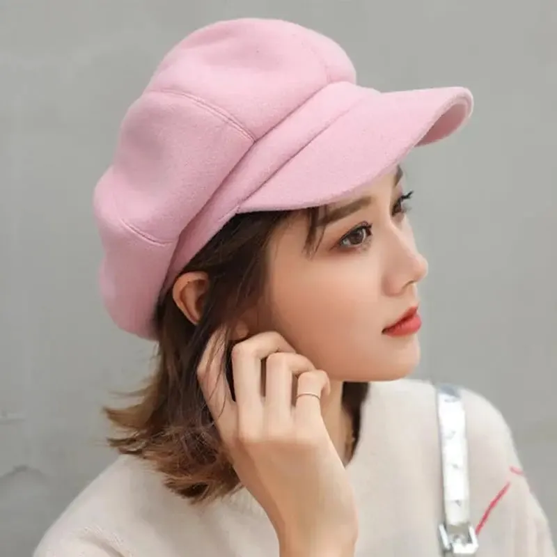 Women‘s Winter Vintage Berets Caps French Artist Warm Felt Hats Beret Female Solid Octagonal Hats Autumn Girl