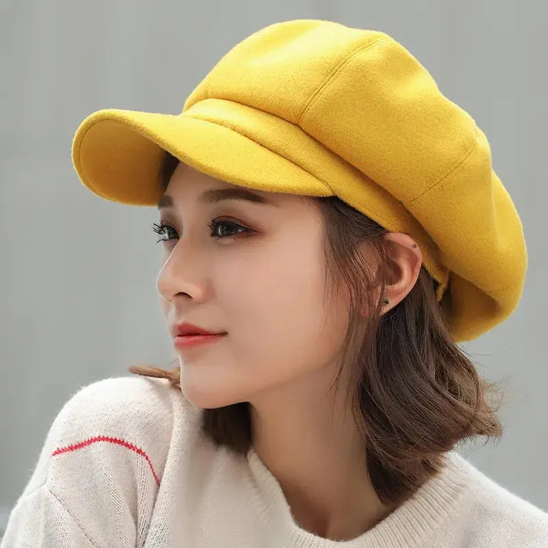 Women‘s Winter Vintage Berets Caps French Artist Warm Felt Hats Beret Female Solid Octagonal Hats Autumn Girl
