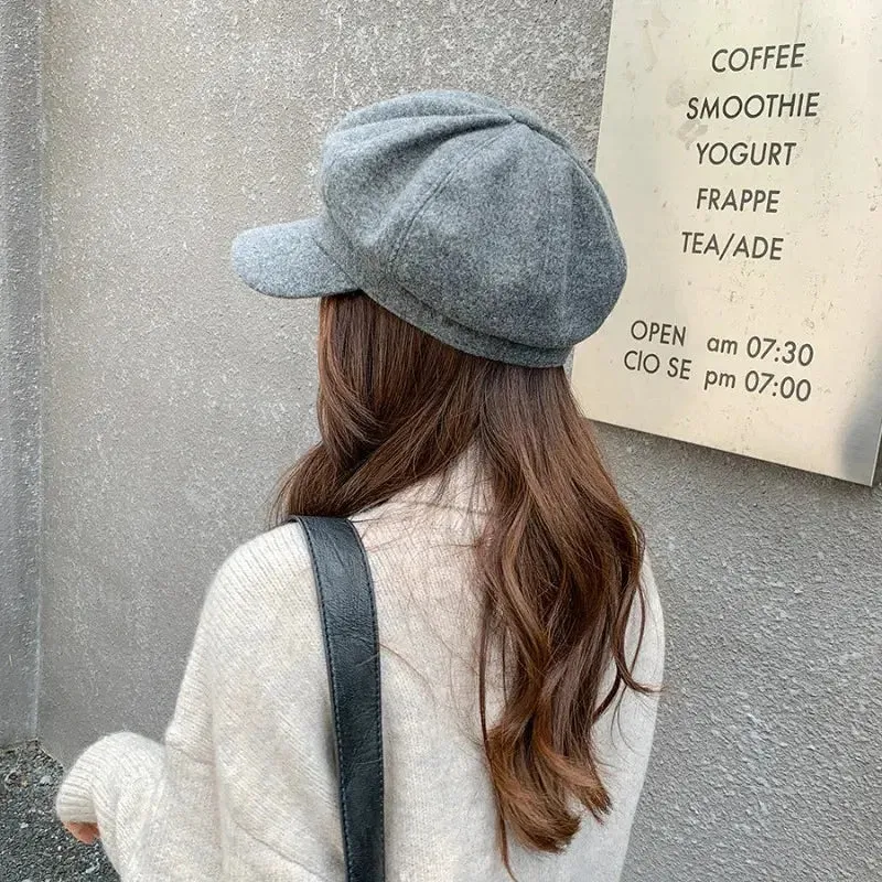Women‘s Winter Vintage Berets Caps French Artist Warm Felt Hats Beret Female Solid Octagonal Hats Autumn Girl